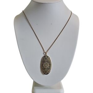 Vintage Damascene Gold Geometric Design Oval Pendant Necklace